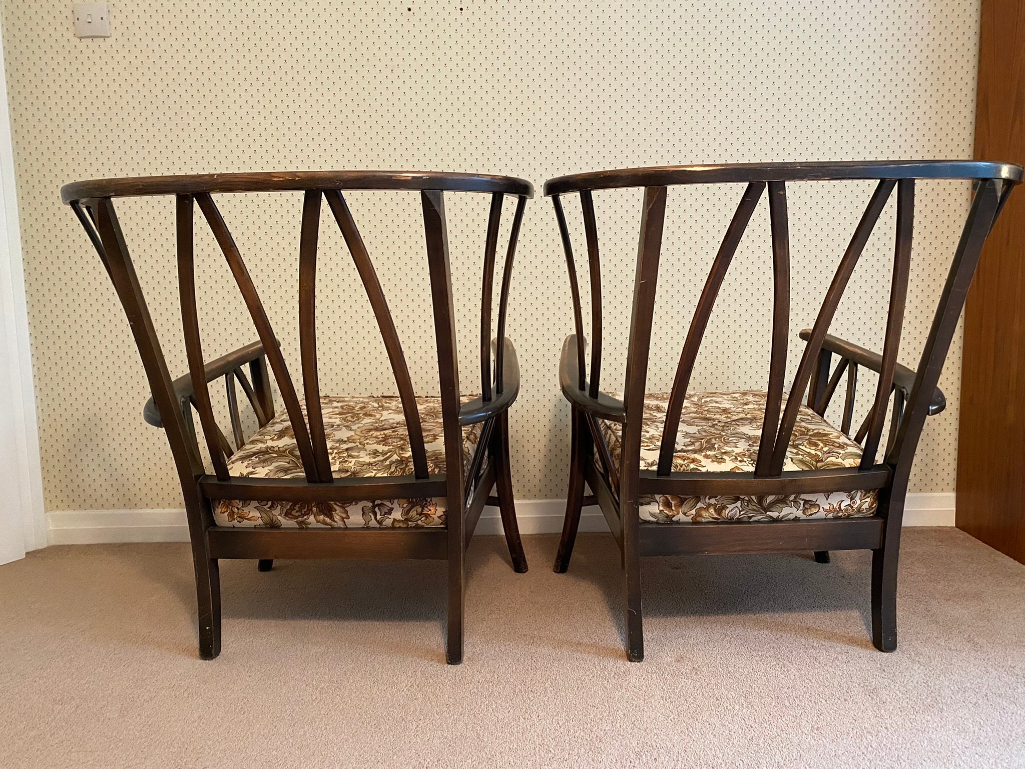 Pair of unusual vintage Art Deco wooden frame spindle armchairs — My