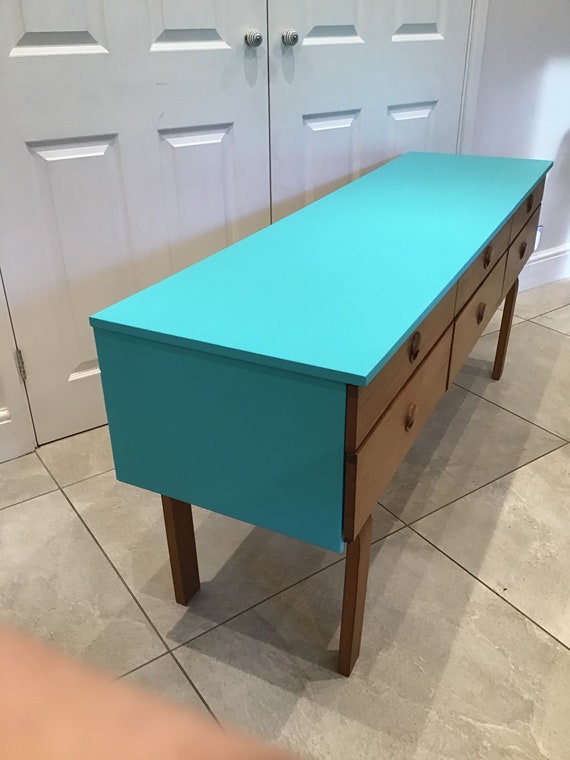 Refurbished Schreiber vintage 1960s teak sideboard, dresser. Turquoise — My Vintage Market