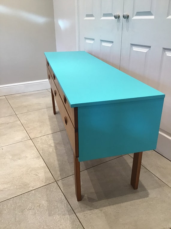 Refurbished Schreiber vintage 1960s teak sideboard, dresser. Turquoise — My Vintage Market