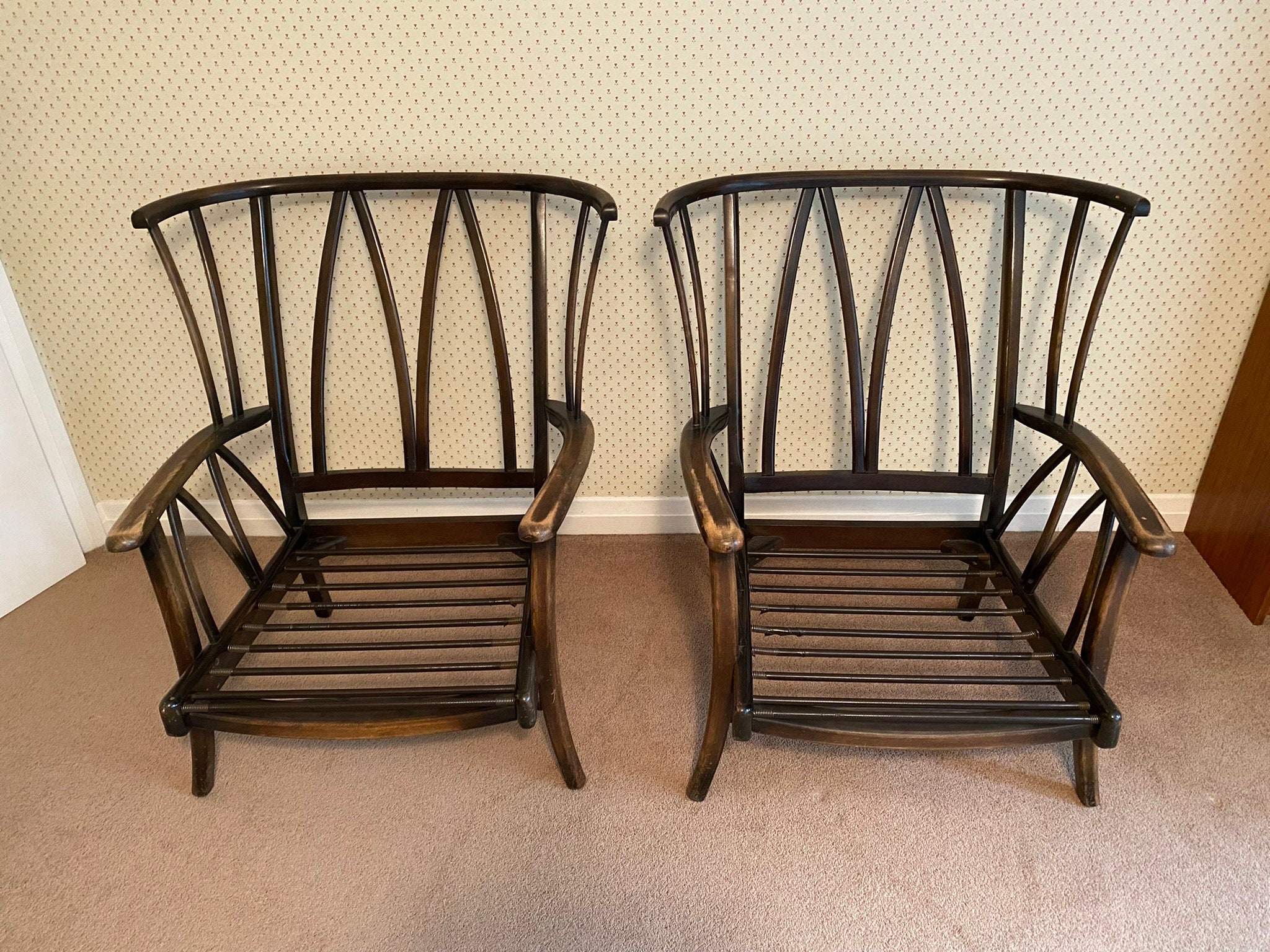 Pair of unusual vintage Art Deco wooden frame spindle armchairs — My