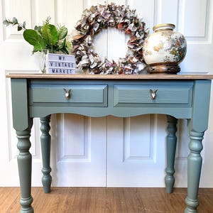 Refurbished traditional farmhouse style pine console table, desk, dressing table or small table sage green