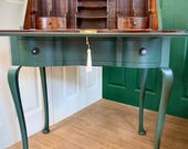 Art Deco Regency Style Dark Green Painted Vintage Mahogany Bureau Writing Desk Cabriole Legs Bakelite Handles