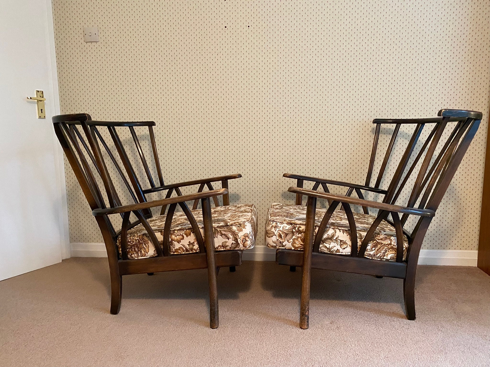 Pair of unusual vintage Art Deco wooden frame spindle armchairs — My