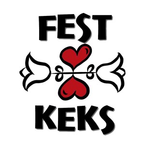 Puede incluir: Dise&ntilde;o gr&aacute;fico con las palabras "FEST" y "KEKS" en letras negras en negrita. El dise&ntilde;o central incluye dos corazones rojos y detalles florales blancos, todo sobre un fondo blanco.