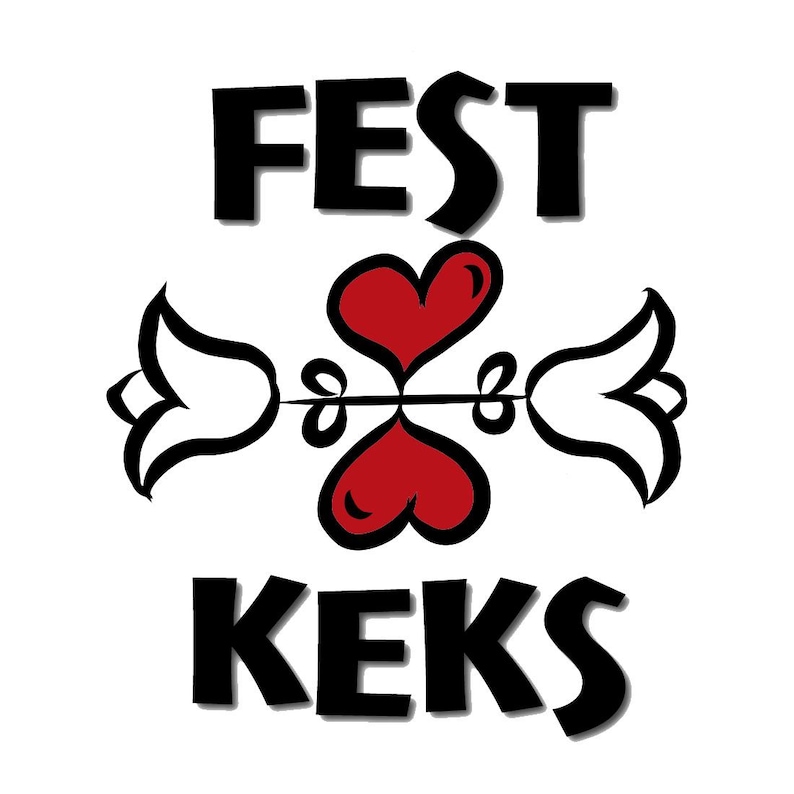 Puede incluir: Dise&ntilde;o gr&aacute;fico con las palabras "FEST" y "KEKS" en letras negras en negrita. El dise&ntilde;o central incluye dos corazones rojos y detalles florales blancos, todo sobre un fondo blanco.