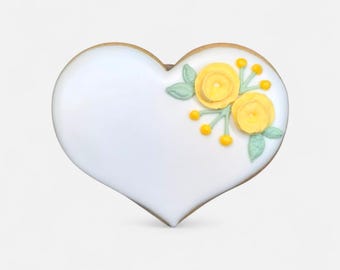 Floral Hochzeitsherz, essbare Tischkarte mit gelben Blumen, handgemachtes Gastgeschenk, Personalisierbar. 10 cm