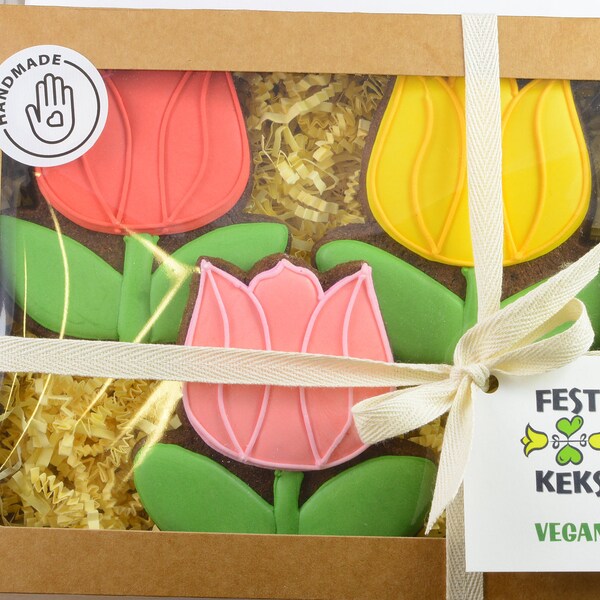 VEGAN Geschenkset (3 Tulpen) aus  Vegan-Vanillekeks,  100 % umweltfreundliche Geschenkverpackung & Grußkarte