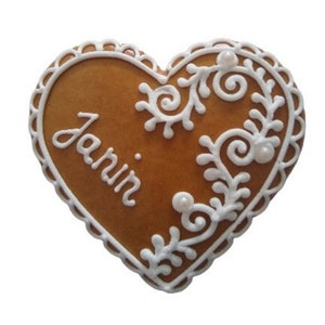 Essbare Tischkarte, Platzkarte, handgemachtes Gastgeschenk aus Lebkuchen zur Hochzeit. Hochzeitsherz