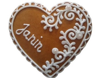 Essbare Tischkarte, Platzkarte, handgemachtes Gastgeschenk aus Lebkuchen zur Hochzeit. Hochzeitsherz
