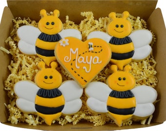 VEGAN Bienchen-Set & Herz Geburtstagsgeschenk aus Schok- oder Vanillekeks. Personalisatorbalk. 4 Bienen en 1 Herz. Geschenkkaart