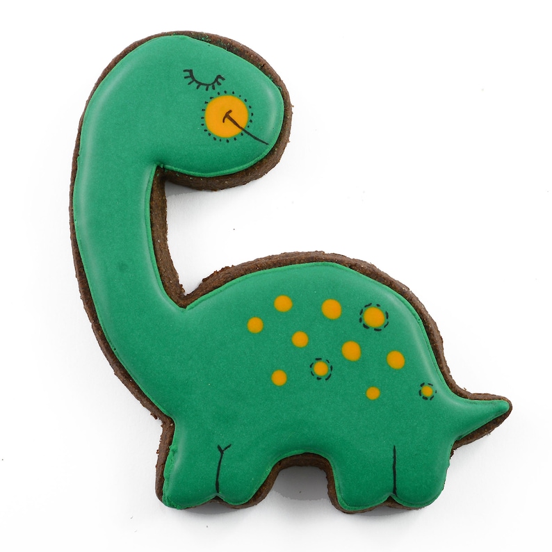 Op de afbeelding: Een groene en bruine gingerbreadkoek in de vorm van een dinosaurus. De koek heeft gele stippen en een zwart oog met een gele wimper.