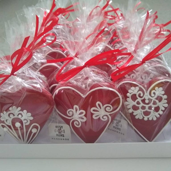 10 * rotes Lebkuchen-Herzchen mit Zuckerglasur-Dekoration 6.5 cm/Stück