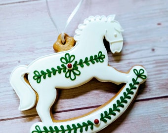großes Schaukelpferd aus Lebkuchen, Anhänger 13 * 16 cm. Personalisierbar. Im Cellophan oder im Geschenkkarton