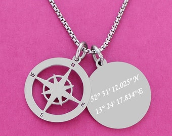 Kompass Kette mit Gravur Personalisierte Kette mit Koordinaten Travel Kette Namenskette Halskette mit Anhänger Geschenke für Frauen