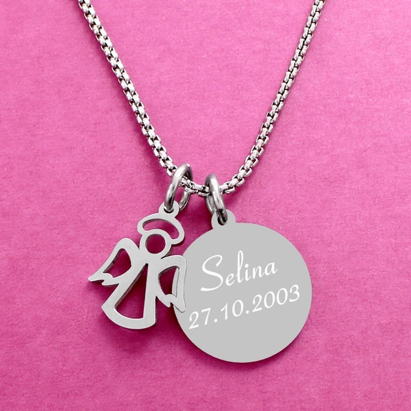 Schutzengel Kette mit Gravur Namenskette mit Engel Anhänger, Personalisierte Kette mit Namen Kettenanhänger Geschenk Taufe, Kommunion