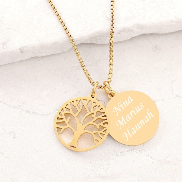 Personalisierte Kette mit Namen, Lebensbaum Kette mit Gravur gold, silber | Familienkette, Baum des Lebens Anhänger, Geschenke für Frauen