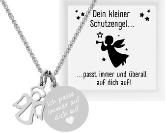 Kette mit Botschaft „Dein kleiner Schutzengel“ – Halskette mit Engel Anhänger aus Edelstahl in silberfarben – Geschenk Glücksbringer