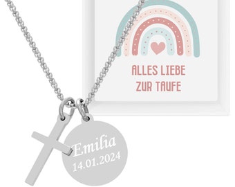 Personalisierte Kette mit Kreuz Anhänger | Geschenk zur Taufe, Kommunion, Konfirmation | Halskette Gravur | Kreuzkette Geschenke für Frauen