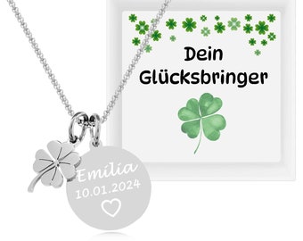 Glücksbringer Kette mit Gravur - Personalisierte Halskette mit Kleeblatt Anhänger - Vierblättrig - Geschenke für Frauen