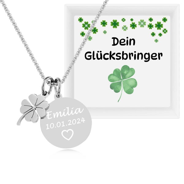 Glücksbringer Kette mit Gravur - Personalisierte Halskette mit Kleeblatt Anhänger - Vierblättrig - Geschenke für Frauen