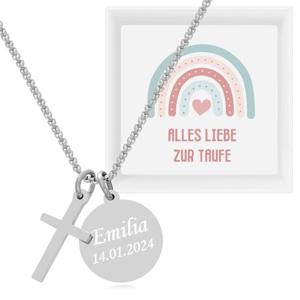 Personalisierte Kette mit Kreuz Anhänger | Geschenk zur Taufe, Kommunion, Konfirmation | Halskette Gravur | Kreuzkette Geschenke für Frauen