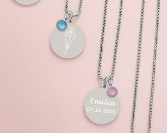 Birth flower necklace with birthstone, personalized necklace with engraving, necklace with name, zodiac sign necklace, gifts for women