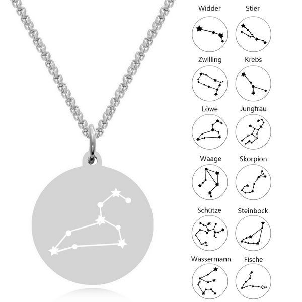 Sternzeichen Sternbild Kette Gravur Personalisiert | Edelstahl silberfarben Zodiac Astrologie Tierzeichen Schmuck Geschenke für Frauen