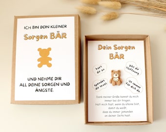 Dein Glücksbringer & Trostspender - Sorgen Bär in Geschenkbox mit Motivationskarte – Für Hoffnung, Trost und ständige Begleitung