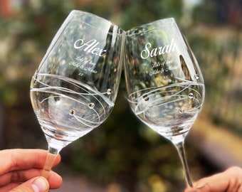 Copas de vino personalizadas / Juego de dos / Copas de vino Swarovski Element