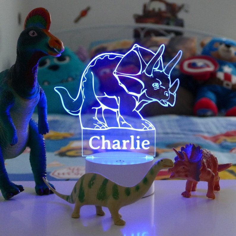 Personalised Dinosaur Night Light, Dinosaur Print, Dinosaur Night Lamp, Children's Lights, Kids Bedrooms, Triceratops Dinosaur Night Light image 2