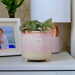 May include: A pink and cream ceramic planter with the name "Denise" written on it. The planter has a message that reads "We blooming love you! Keep flourishing! Love everyone at DNU xxx".
