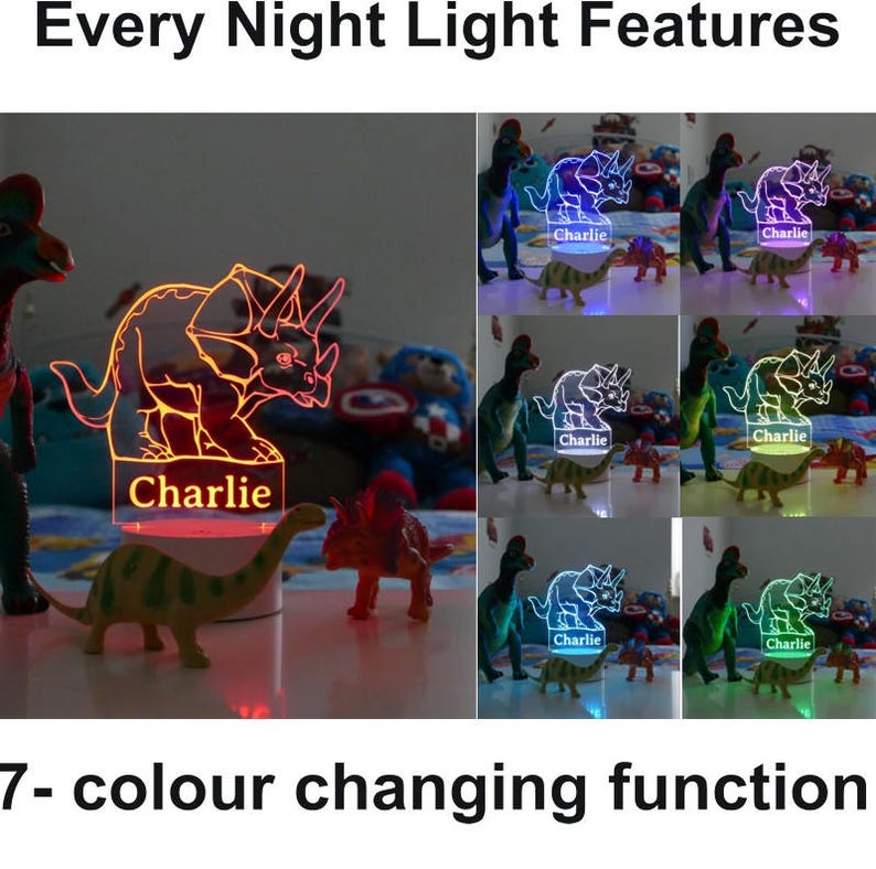 May include: A 3D printed dinosaur night light with a customizable name plate. The light features a 7-color changing function and is shown in red, blue, green, yellow, purple, teal, and white.