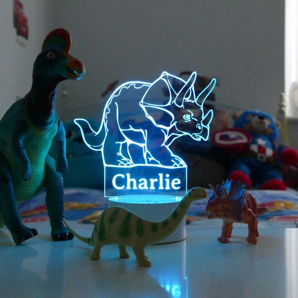 Luz nocturna de dinosaurio personalizada, estampado de dinosaurios, lámpara nocturna de dinosaurios, luces para niños, dormitorios para niños, luz nocturna de dinosaurio Triceratops