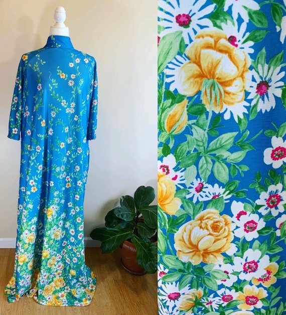 1960s Floral Gradient Blue Dress - Size XL