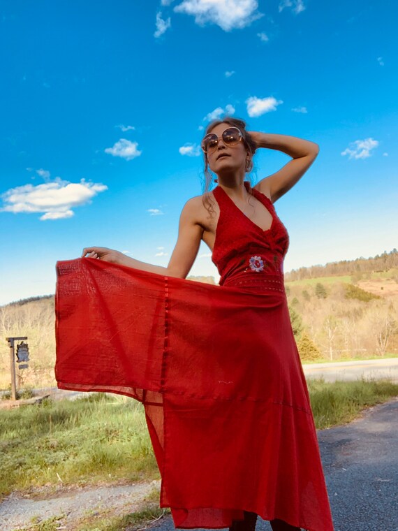 1970’s Foxy Red Mexican Embroidered Halter Dress -