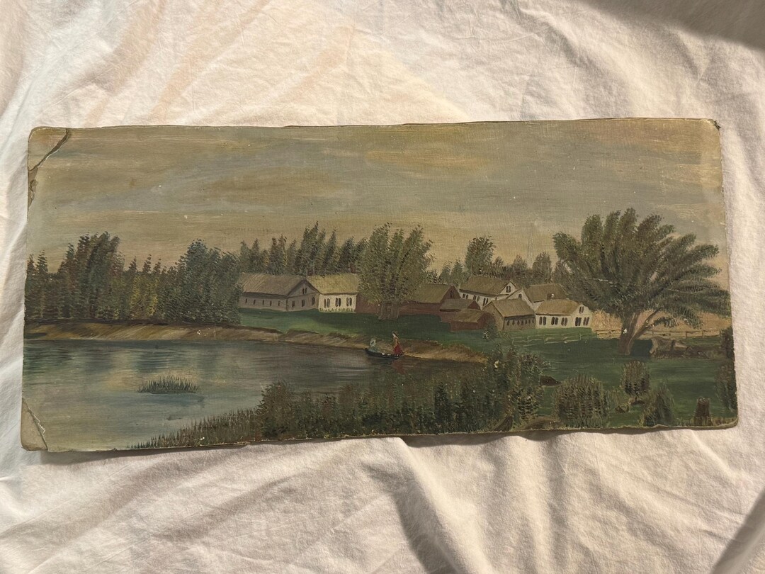 Antique Folk Art Primitive Landscape Oil Painting on Academy Board - Etsy