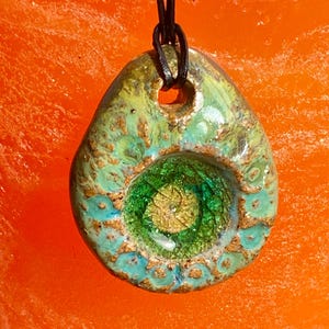 Lava Glass Ceramic Pendant, Oxide Pendant, Essential oil diffuser, Large Earthy Pendant, Handmade Jewellery, Green Glass Necklace