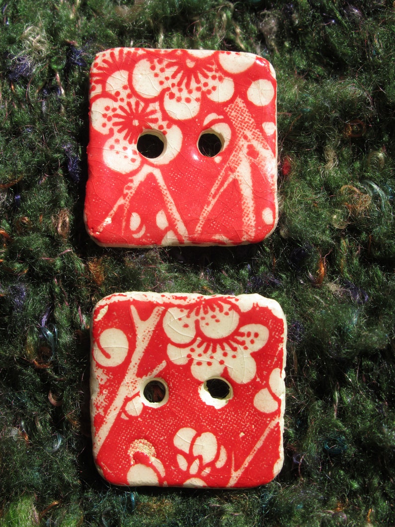 Buttons Ceramic square hand made red and white blossom five in set unique japanese tissue paper design
