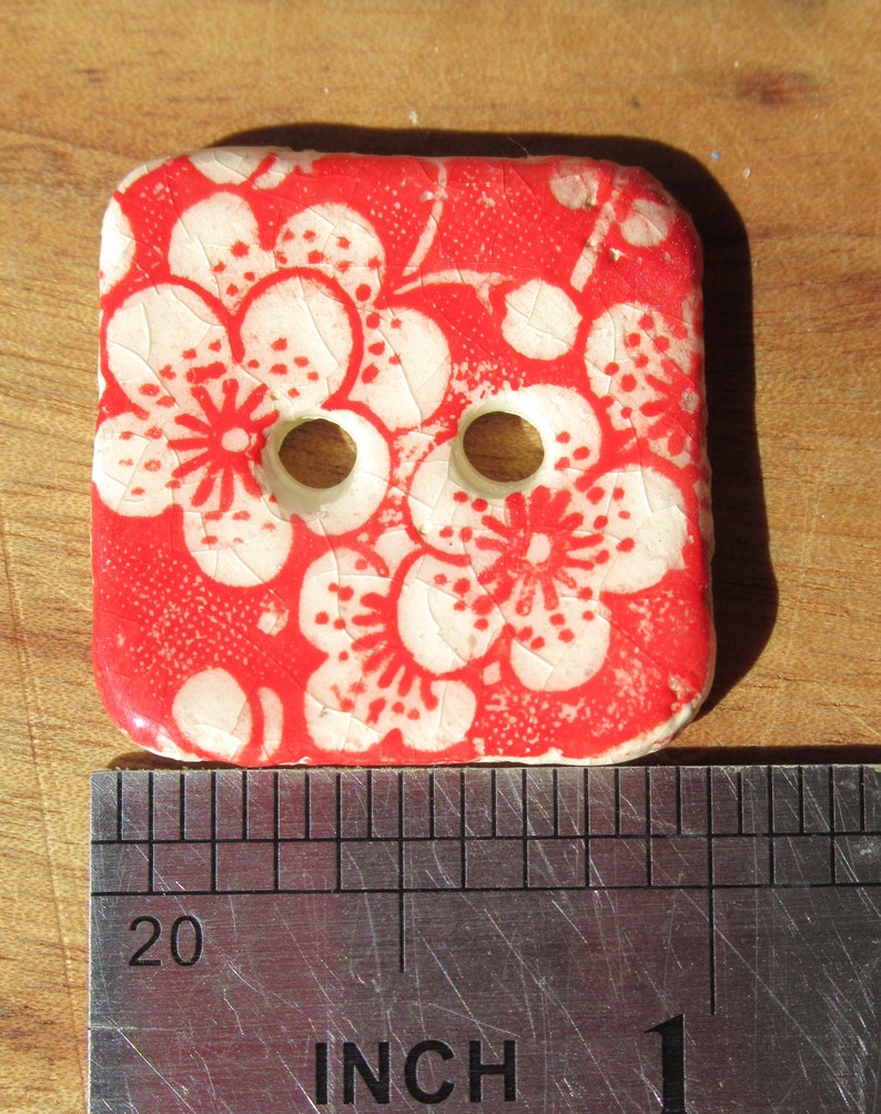 Buttons Ceramic square hand made red and white blossom five in set unique japanese tissue paper design