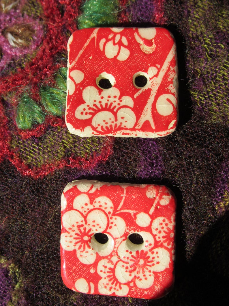 Buttons Ceramic square hand made red and white blossom five in set unique japanese tissue paper design