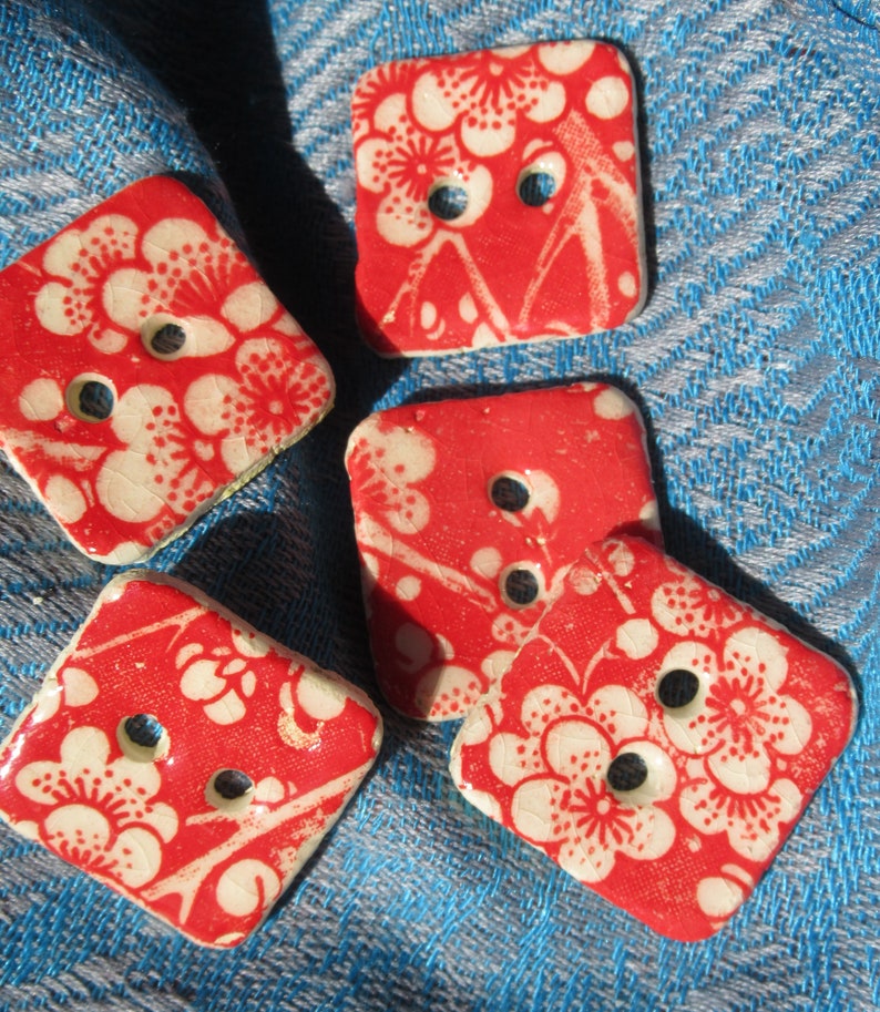Buttons Ceramic square hand made red and white blossom five in set unique japanese tissue paper design