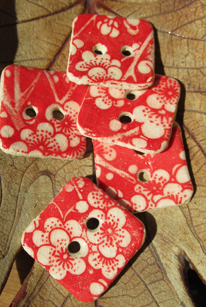 Buttons Ceramic square hand made red and white blossom five in set unique japanese tissue paper design