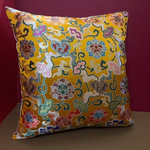 Yellow Tibetan Cushion with Lotus and clouds.