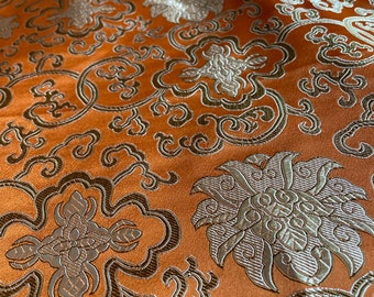 Lotus and Dorje Orange Tibetan silky Brocade Fabric