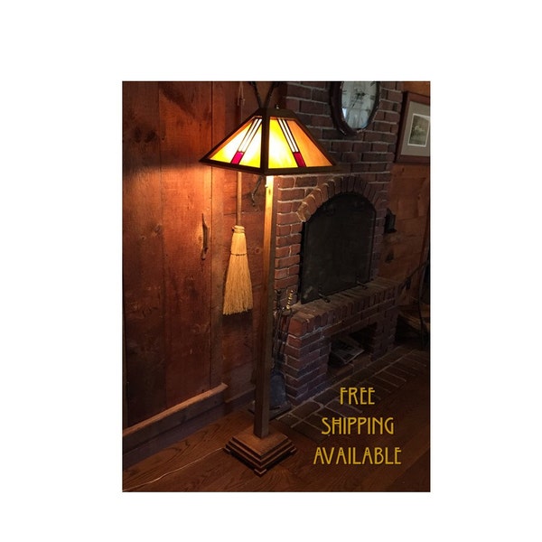 Arts and Crafts Style Floor Lamp, oak stained glass traditional construction free shipping