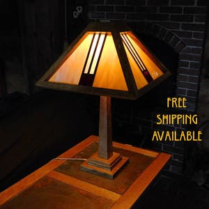 Stained glass lamp Arts and Crafts / mission style, Frank Lloyd Wright influenced, traditional oak construction, free shipping