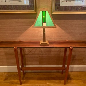 SALE!  One of a kind verdant stained glass lamp Arts and Crafts / mission style, Frank Lloyd Wright influenced, traditional oak, ships free