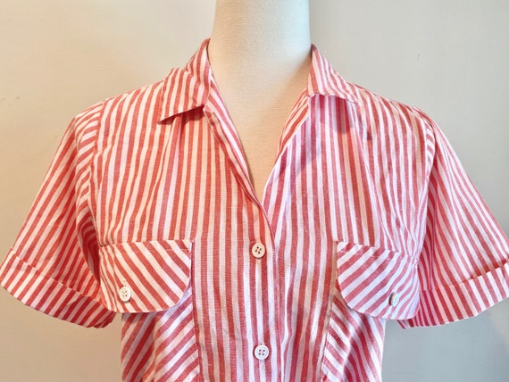 Vintage 1970s Red White Striped Button Up Pocket … - image 5