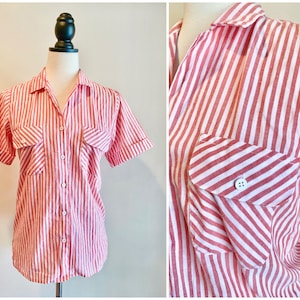 Vintage 1970s Red White Striped Button Up Pocket Shirt