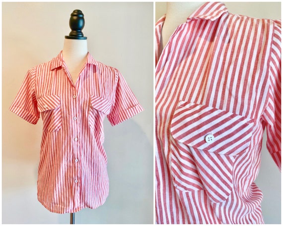 Vintage 1970s Red White Striped Button Up Pocket … - image 1